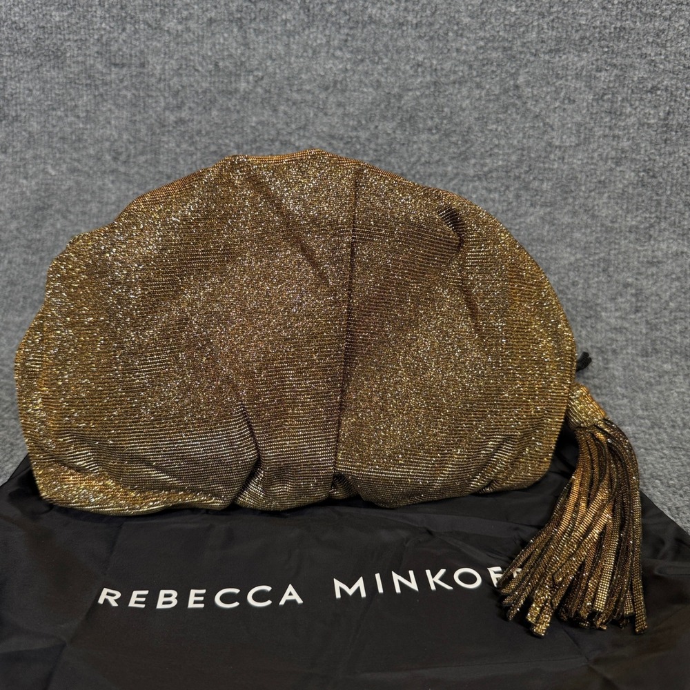 Rebecca Minkoff Ruched Clutch Gold Glitter Zip Around Tassel Evening Pouch Party